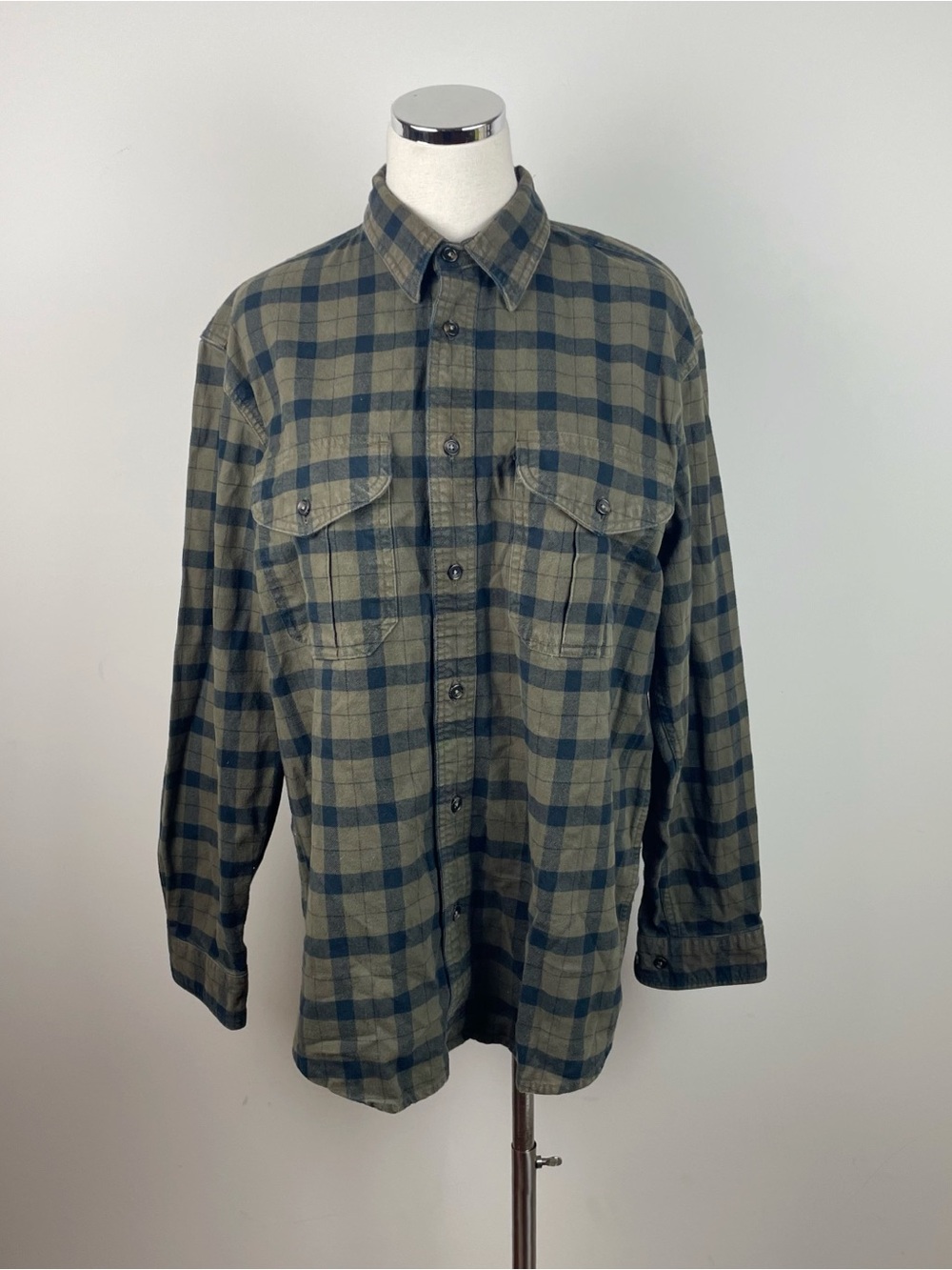 Filson Blue Green Plaid Flannel Cotton Collared Button Down Shirt Men Large